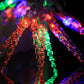 Multi-colored LED string lights lit in red, green, blue and purple
