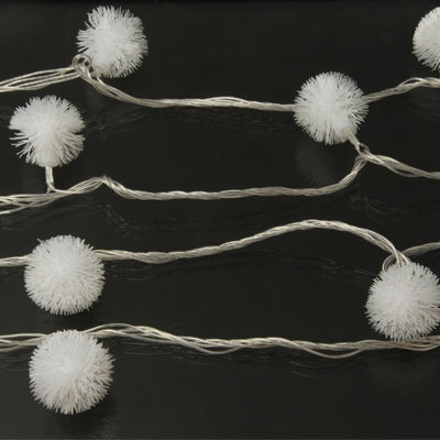 30-LED multi-colored string lights with spaced white pom-pom bulbs along the wire strand.