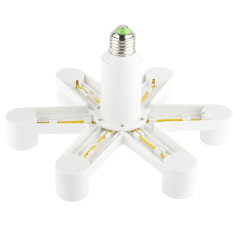 Seven-way E27 lamp holder converter, white base with central socket and green-tipped insert