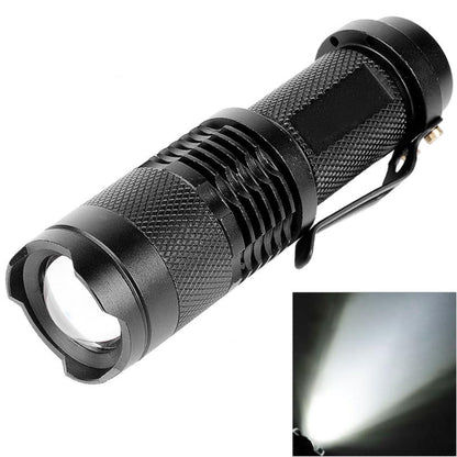 Black zoom LED flashlight with textured grip and front light head