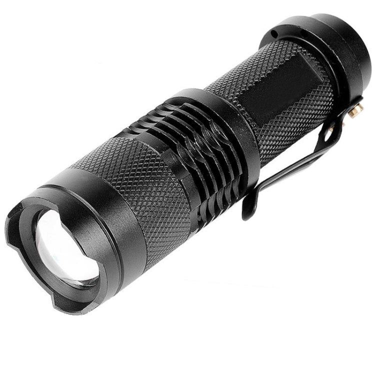Black zoom LED flashlight with textured handle and clip loop