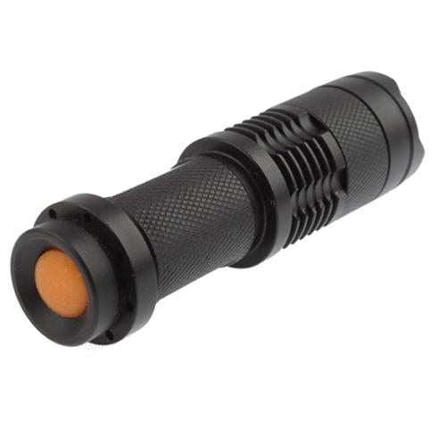 Black LED zoom flashlight with orange LED lens window on front