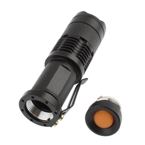 Black LED flashlight with removable end cap and metal clip mount