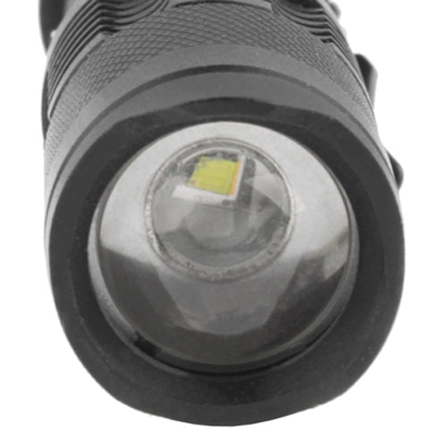Close-up of black flashlight lens with visible LED chip