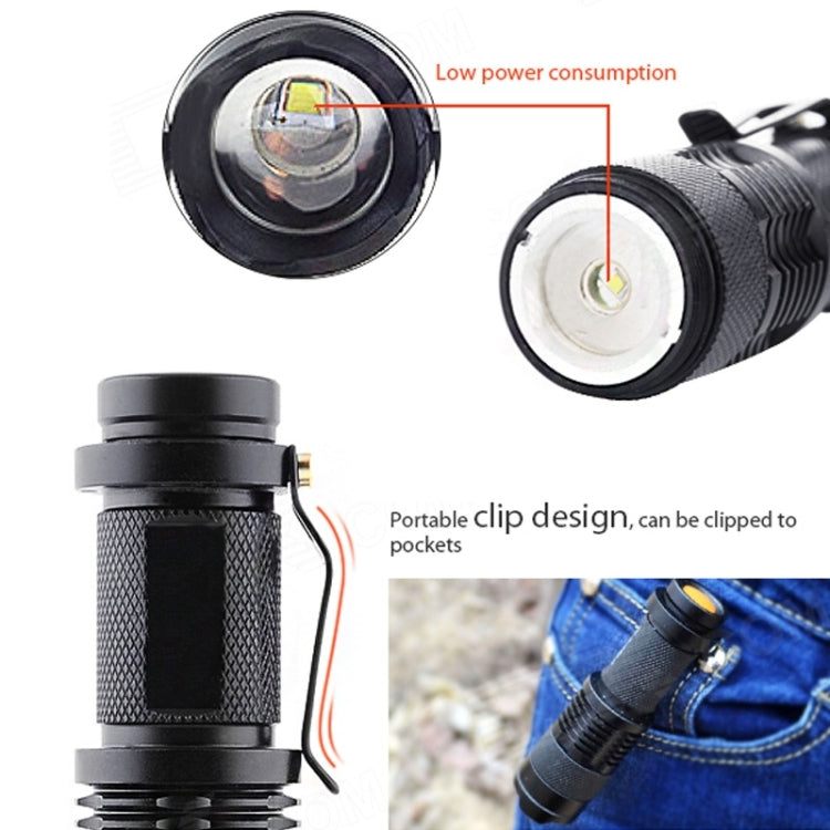 Black clip-style LED flashlight showing front lens and side body