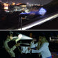 Black LED flashlight projecting a wide beam outdoors at night