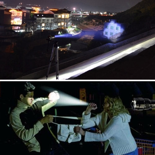 Black LED flashlight projecting a wide beam outdoors at night