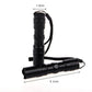 Black mini LED flashlight with wrist strap, side and top view