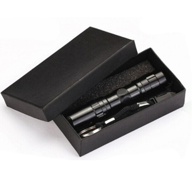 Black mini LED flashlight in open gift box with foam insert