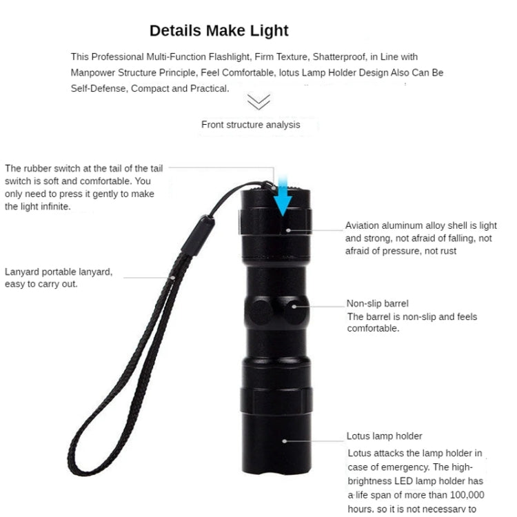 Black mini LED flashlight with wrist lanyard and segmented barrel