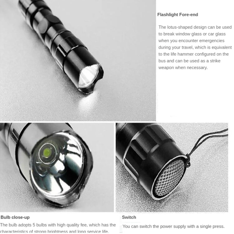 Black mini LED flashlight close-up of front lens and textured body