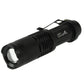 Black handheld flashlight with textured body and side switch, angled front bezel