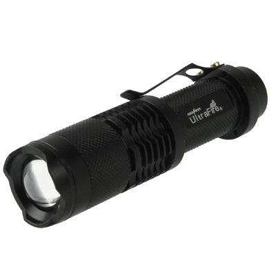 Black handheld flashlight with textured body and side switch, angled front bezel