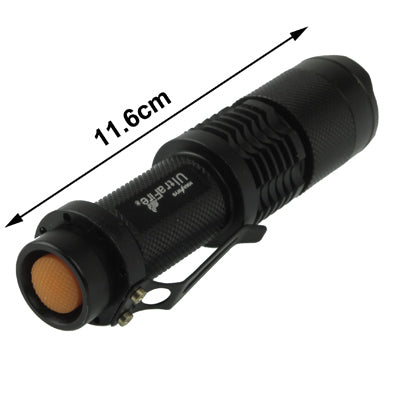 Black flashlight, 11.6 cm length, front lens bezel and lanyard clip