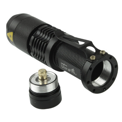 Black flashlight with threaded tailcap and open front head, metal rim ring