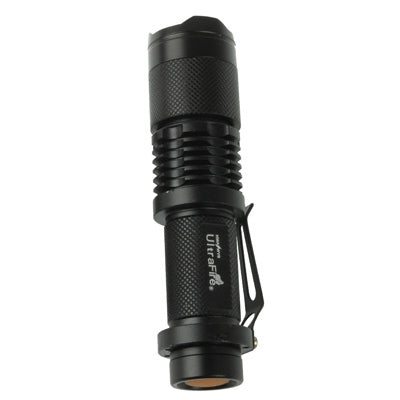 Black flashlight close-up with knurled grip, lanyard strap loop and front lens