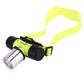 Lime green diving LED flashlight with black ends and silver cylinder, side view