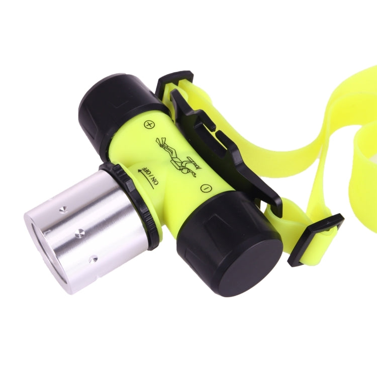 Close-up lime green diving LED flashlight with silver beam tube and black housing