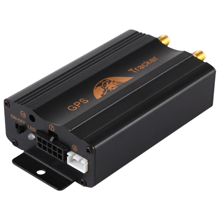 Black GPS vehicle tracker with LED, ports, and mounting bracket on metal plate