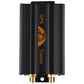 Black GPS vehicle tracker module with orange GPS Tracker branding and two gold connectors