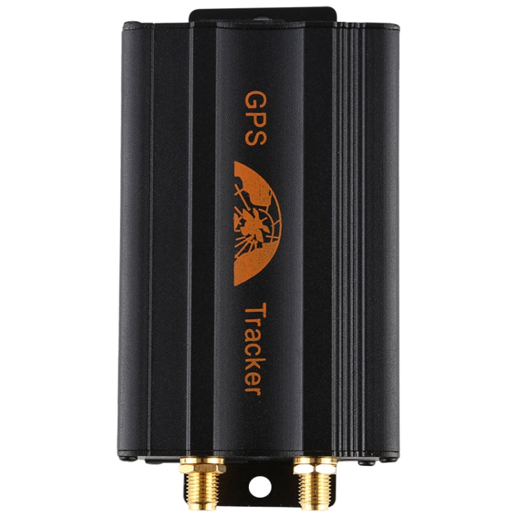 Black GPS vehicle tracker module with orange GPS Tracker branding and two gold connectors