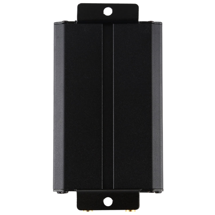 Black GPS vehicle tracker with metal housing and mounting tabs, front panel facing up