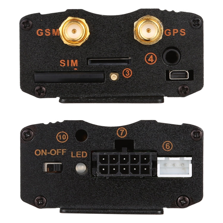 GPS vehicle tracker back and front panels showing GPS/GSM labels, SIM slot, and ports