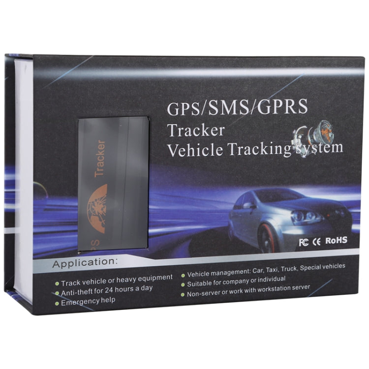 Retail box for GPS/SMS/GPRS vehicle tracking system with tracker image and icons