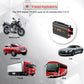 Product applications graphic showing GPS vehicle tracker use for car, truck, bus, and motorcycle