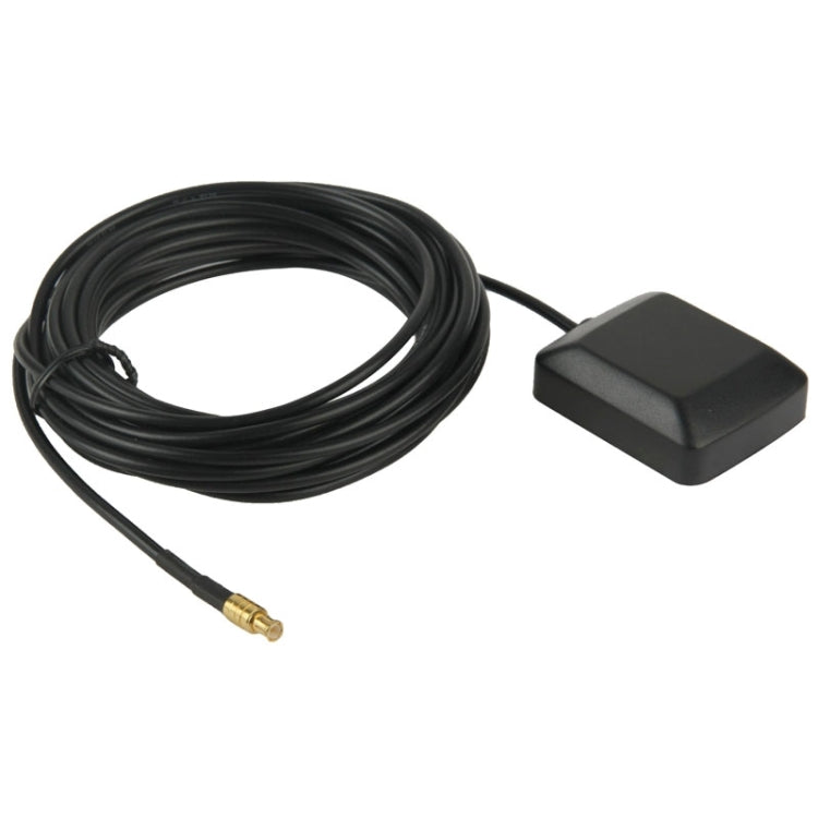 Active GPS antenna with coiled black 3m cable, rectangular puck base and MCX plug