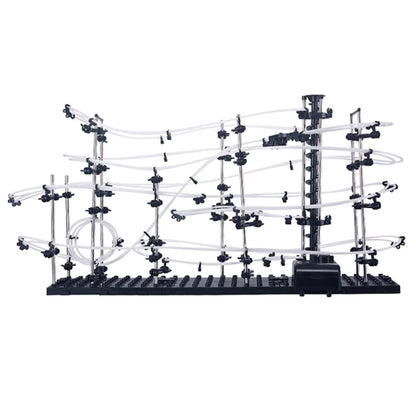 SpaceRail rollercoaster model kit with black towers and clear curved track loops