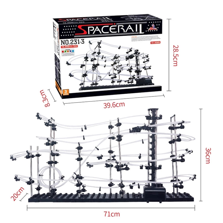 Boxed SpaceRail rollercoaster model kit showing clear multi-level track and dark base