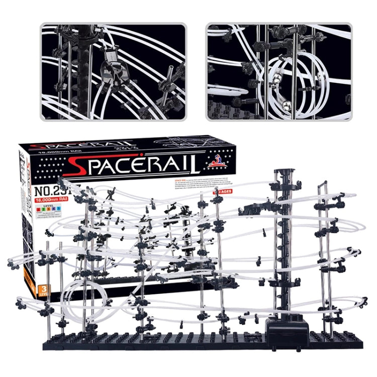 Multi-level SpaceRail track rollercoaster model with black posts and white rails
