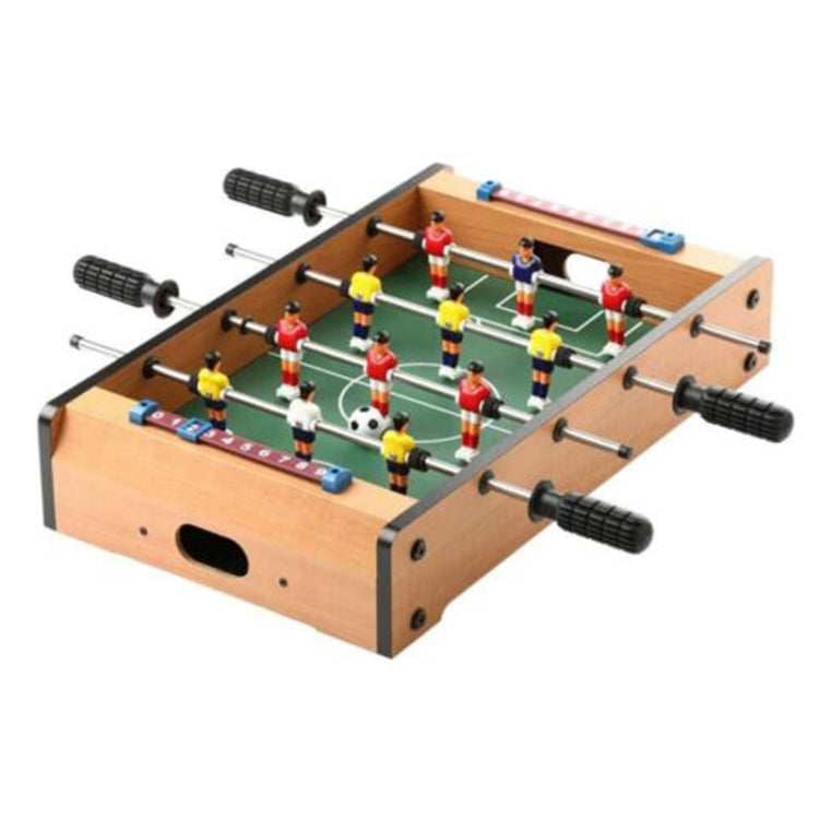 Wood tabletop football game with foosball players and green playing field
