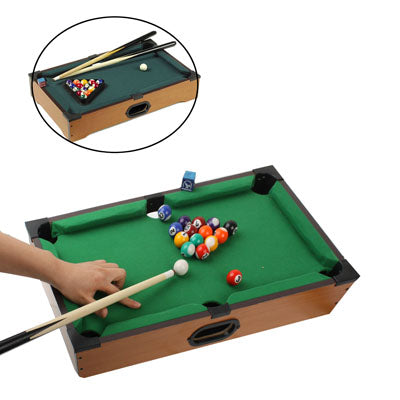 Tabletop miniature pool table with green felt, wood frame, cue and colorful ball rack