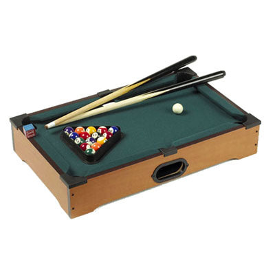Tabletop miniature pool table with green felt, ball triangle, and two cue sticks