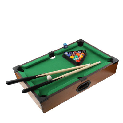Tabletop miniature pool table with green felt, ball rack, and two cue sticks