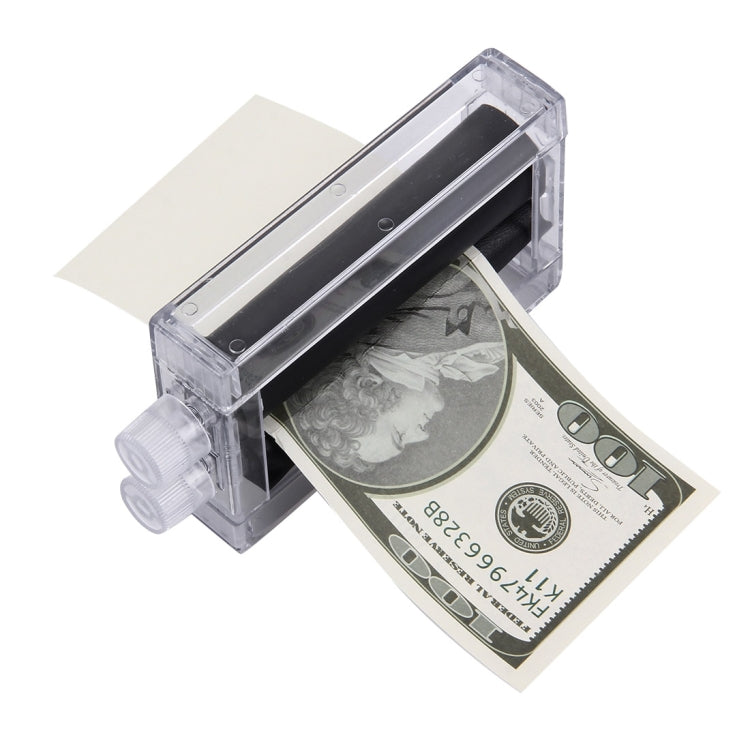 3-piece money printer trick toy with clear tray and inserted banknote