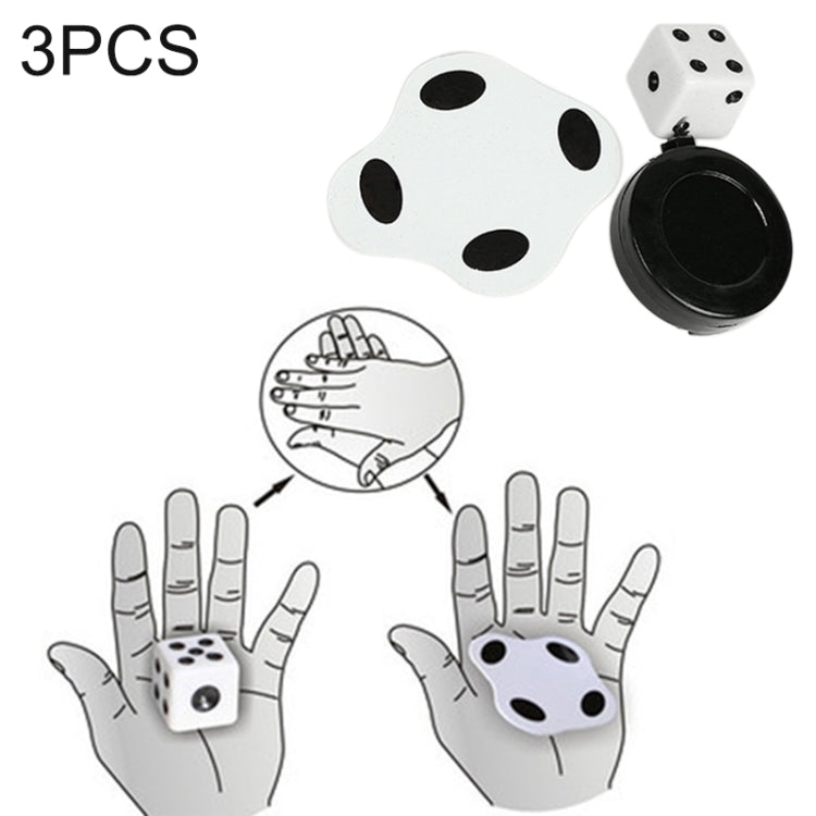Three-piece flat magic trick toy: white die, black base, and hands motion diagram