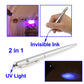 Silver UV light pen with pointed tip, plus small inset showing blue UV glow