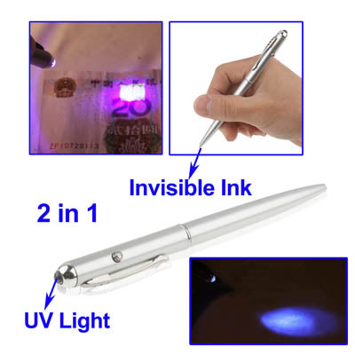 Silver UV light pen with pointed tip, plus small inset showing blue UV glow