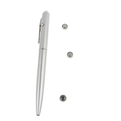 Silver UV light pen standing upright with small metal refill pieces