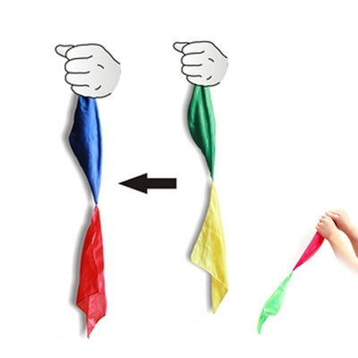 Color-changing linked silk toy with blue/red and green/yellow linked scarves