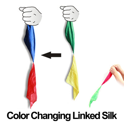 Color-changing linked silk toy showing blue and red ends with green and yellow ends