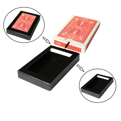 Vanishing card deck toy in black box with red patterned card deck