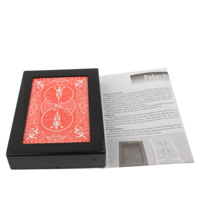 Red patterned card deck in black case with instruction card and booklet