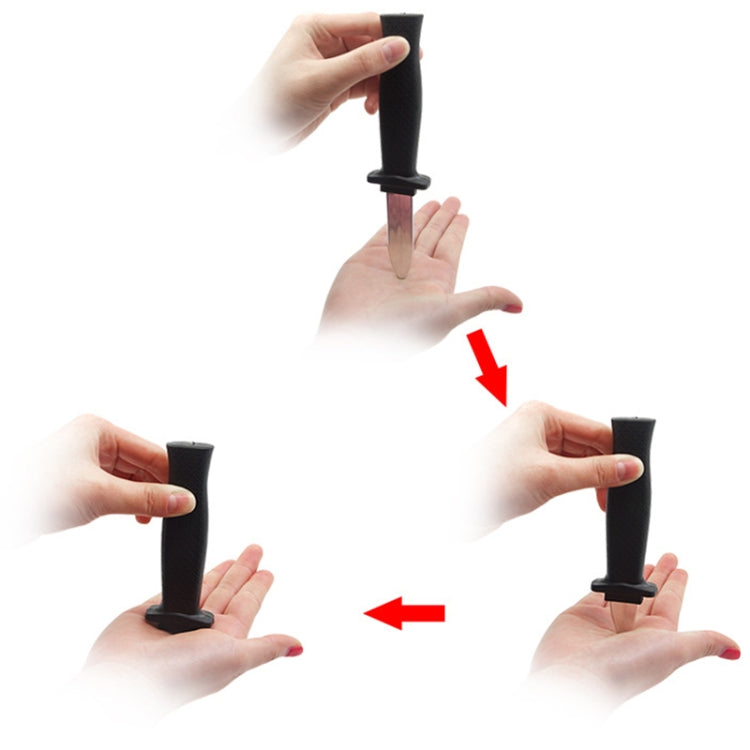 Retractable plastic gag knife showing blade retraction and extension, black handle