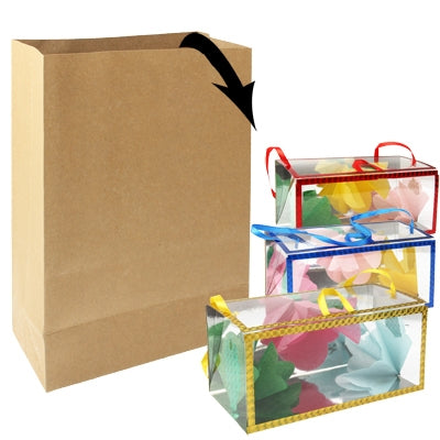 Kraft paper gift bag with black ribbon, plus colorful boxed gifts