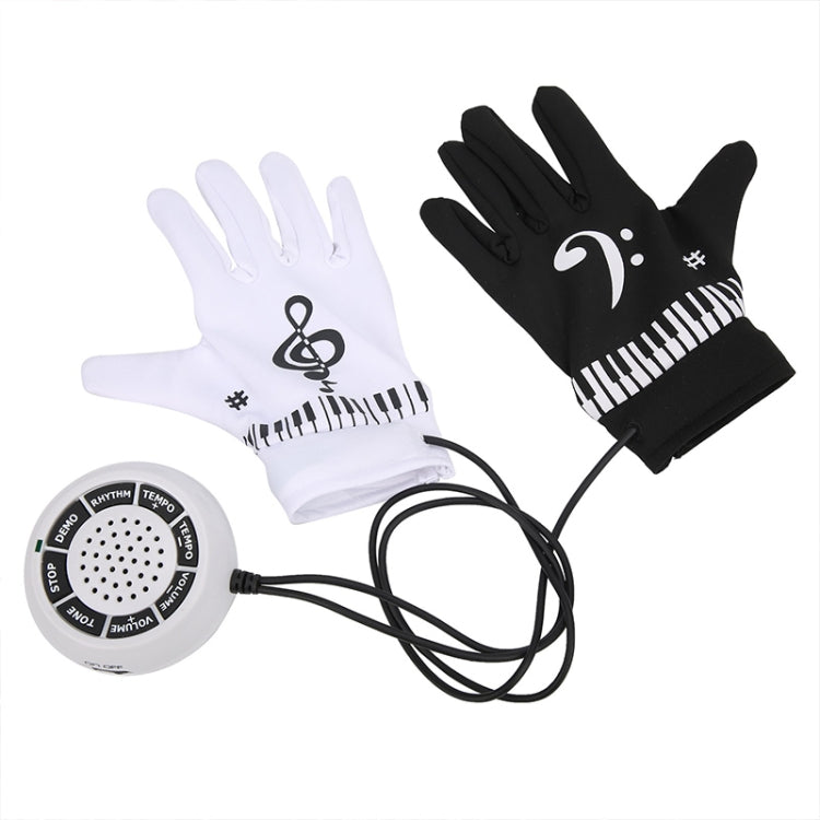 Pair of electronic piano gloves, white and black with keyboard print and treble-note symbol