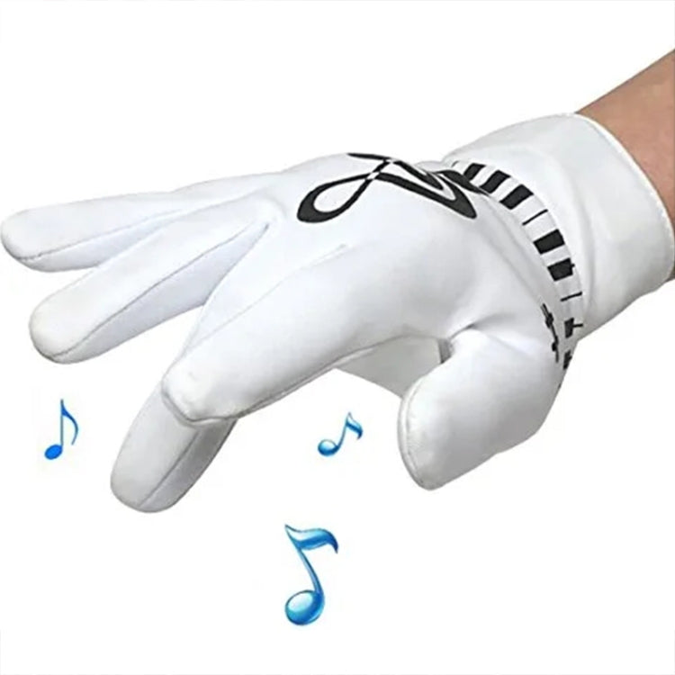 White electronic piano glove with keyboard stripe graphic and treble-note emblem